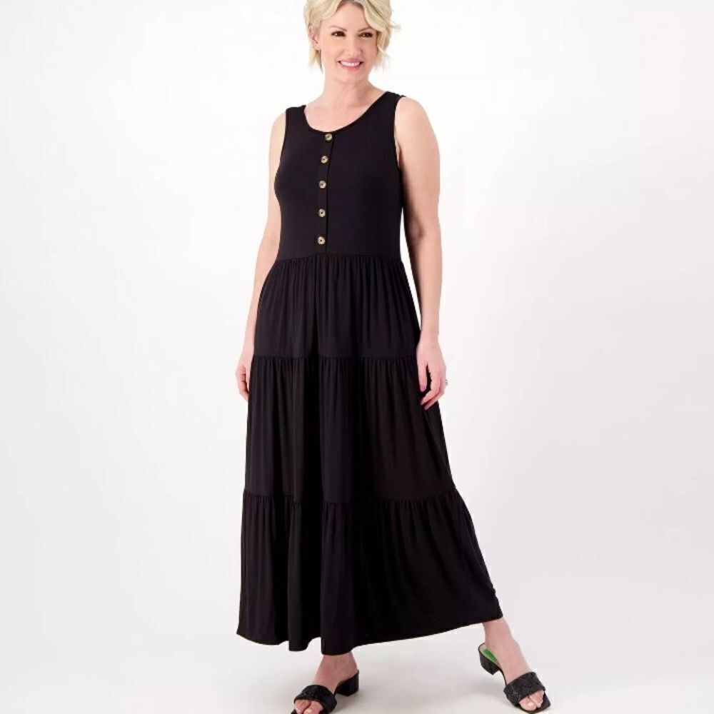 New Joan Rivers Tiered Maxi Dress Black Sz Small